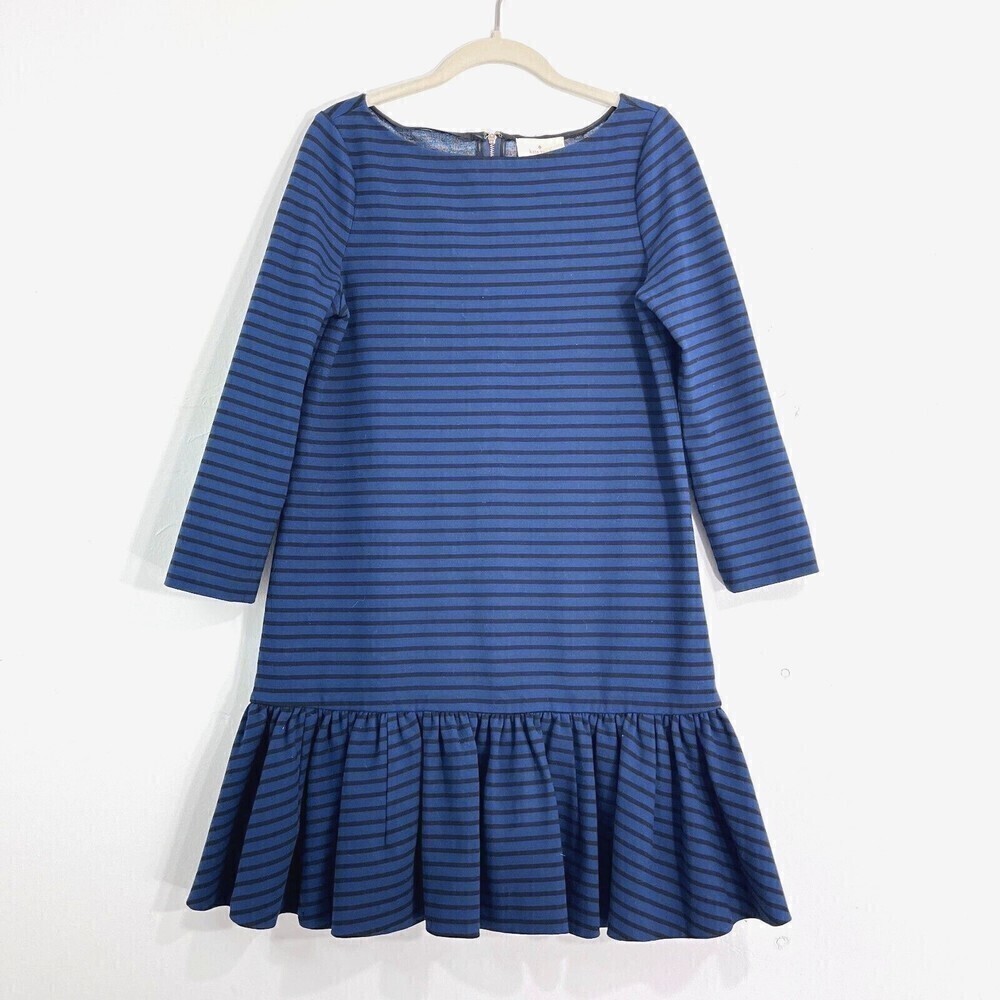 Kate Spade Dress Women 8 Blue Black Striped Shift Ruffle Hem Preppy Classic Chic